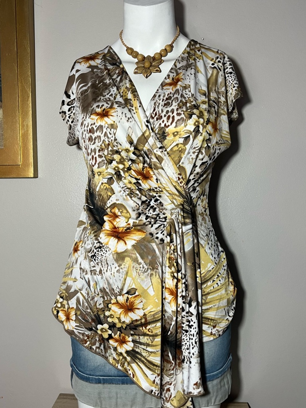 Wrap-Front Floral & Animal Print Blouse in Yellow and Brown